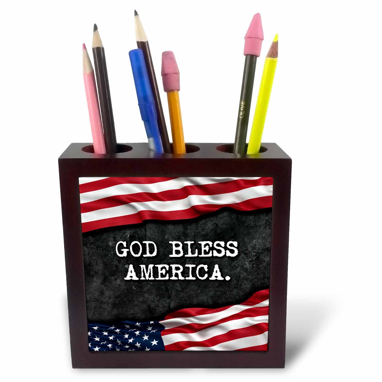 3dRose ph_237419_1 5-Inch "God Bless America Patriotic Quote" Tile Pen Holder