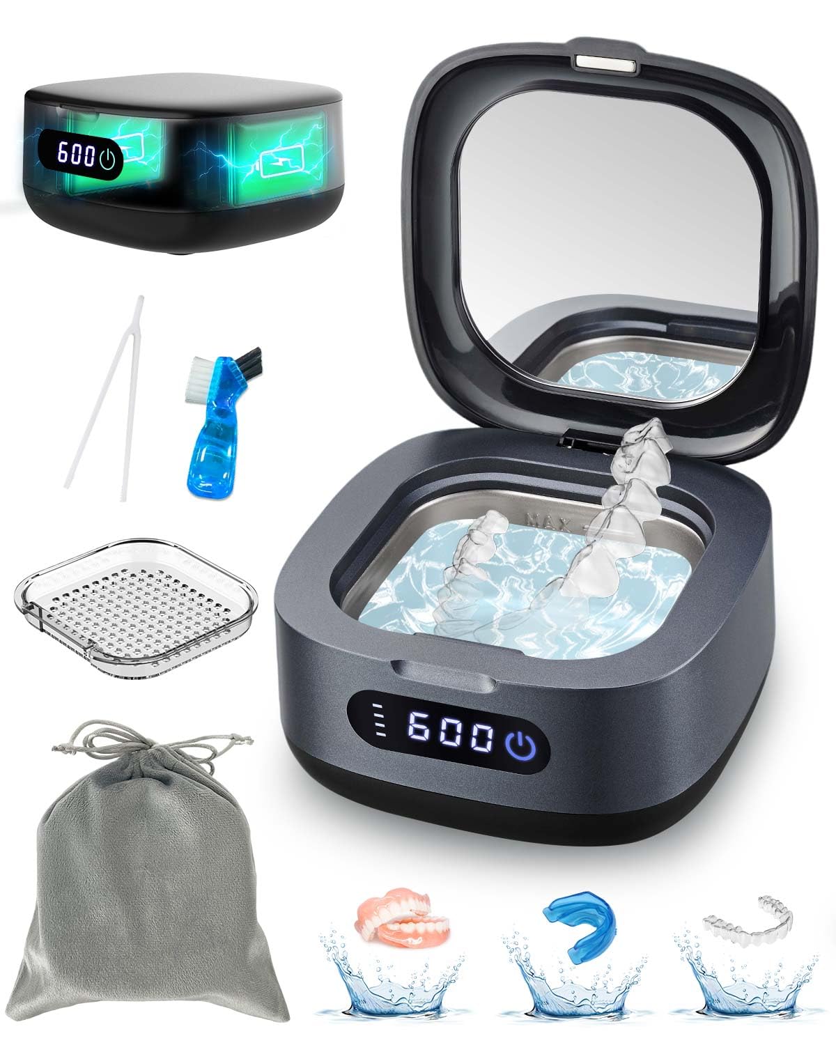 Photo 1 of **SELLING FOR PARTS**Voraiya 2025 Rechargeable Ultrasonic Retainer Cleaner, Portable Retainer Cleaner Machine, 52kHz Retainer Cleaner for Dentures, Night Guards, Mouth Guards, 166ml Dental Cleaning Pod with Mirror,3 Modes