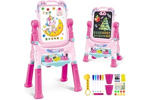 HOAROSALL Art Easel for Kids - Adjustable Double-Sided Rotatable Magnetic White Board with Painting Accessories, Preschool Learning Toy for Girls 3-5 Years Old,Ideal Christmas Birthday Gift (Pink)