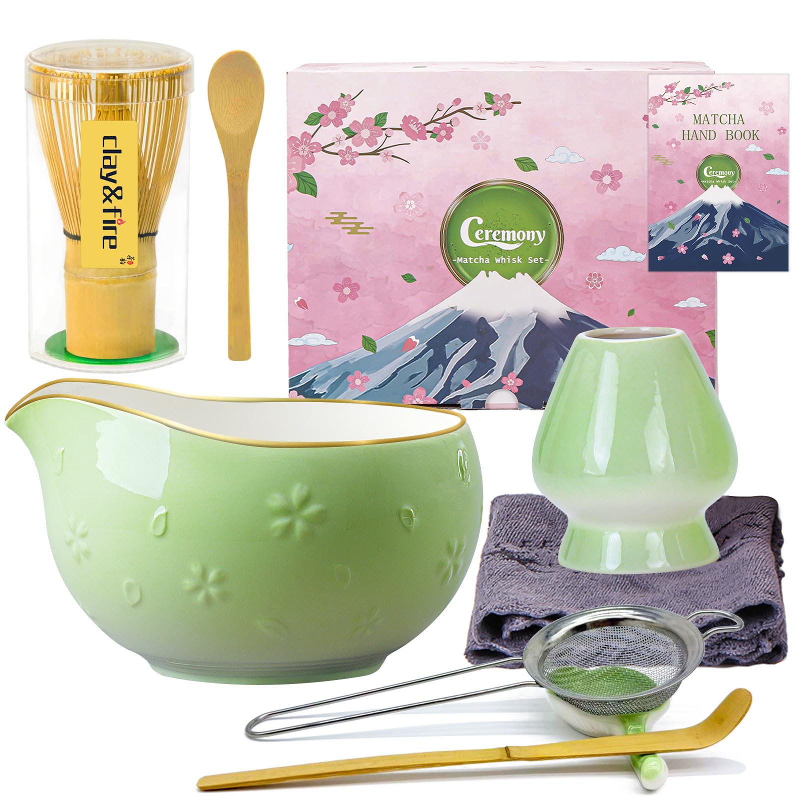 Clay&Fire Matcha Whisk Set, 9 pcs Ceramic Matcha Set, Gifts for Women,Matcha Bowl with Spout and Whisk, Matcha Kit for Matcha Lovers, Ideal Gift Christmas, Birthday, Anniversary (Cherry Bloom-Green) Image