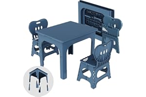 UNICOO® Kids Foldable & Height Adjustable Table Set w/2 Folding Chairs, Compact, Collapsible & Portable, Toddler Activity, Picnic Table, Card Table, Indoor/Outdoor (699) (Blue)