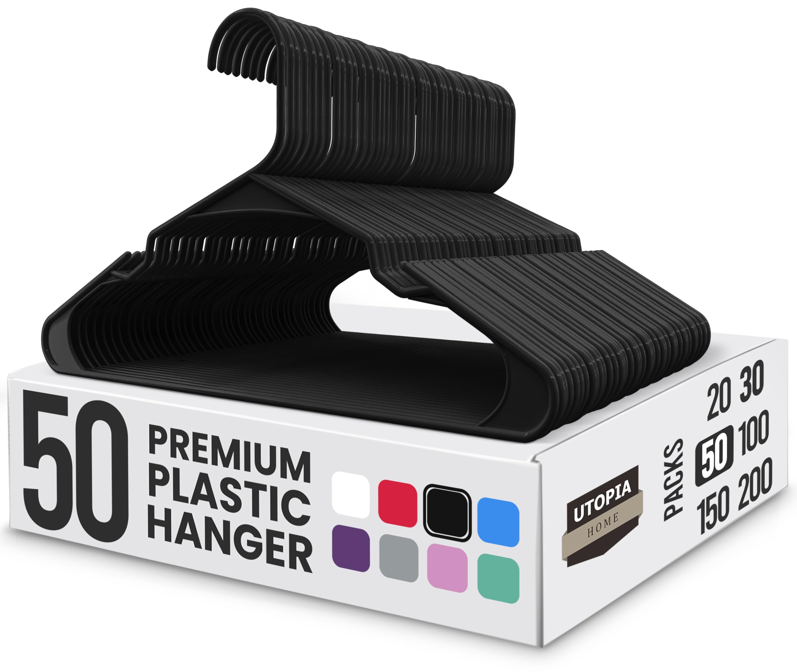 Utopia Home Plastic Hangers 50 Pack, Space-Saving Clothes Hangers with Non-Slip Shoulder Grooves for Strappy Clothes, Ideal for Home Closet Organization and Warddrobe Solutions (Black)