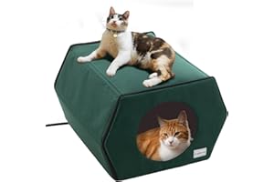 KEYGARZONE Heated Cat House for Indoor/Outdoor Cats, Cat House with 9.8ft Bite-Resistant Wire, Foldable Portable House Weatherproof with Removable Heated Pad, Large Capacity, Green