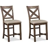 Signature Design by Ashley Rustic Counter Height Bar Stool, Set of 2, Beige | Distressed nutmeg wood finish with cushioned polyester seat, Ideal for kitchen islands, Moriville Series
