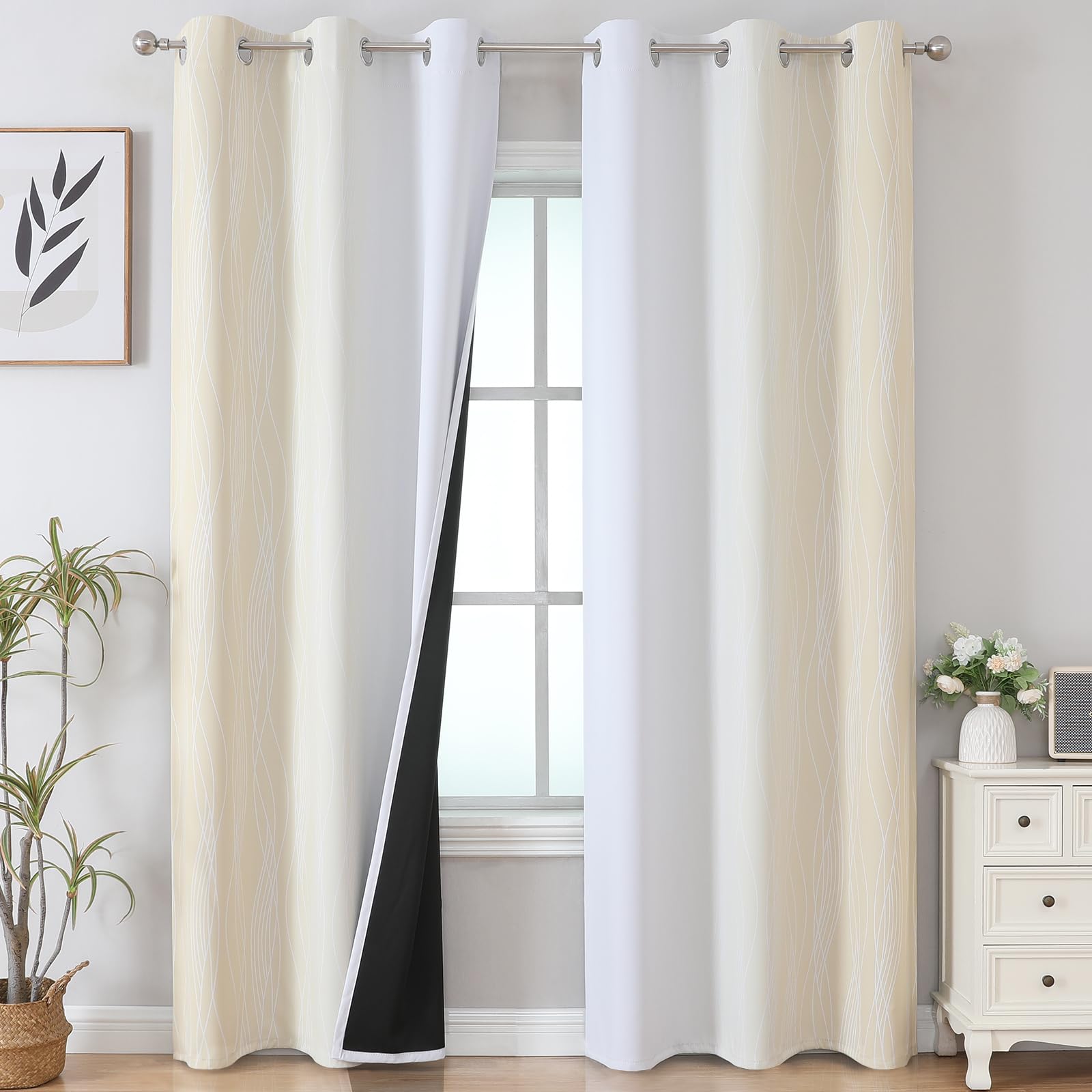 VEHEDE Ombre Blackout Curtains 84 Inch Long for Bedroom, Beige and Greyish White Gradient Thermal Insulated Wave Printed Window Drapes for Living Room, W42 x L84 Inch, 2 Pieces