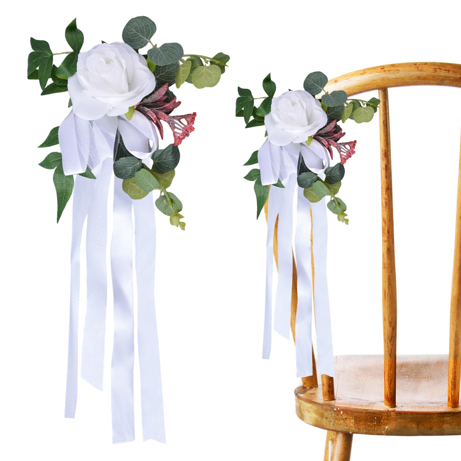 URROMA Wedding Aisle Chair Decor, 4Pcs White Flowers for Church Chair Decor Artificial Rose Floral Wedding Chair Back Flower (White Rose)