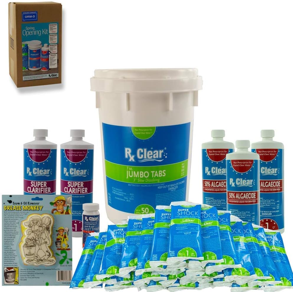 Rx Clear Pool Opening Chemical Maintenance Kit Plus for Above Ground or Inground Pools | for Pools Up to 30,000 Gallons | Includes Chlorine Tabs, Super Shock, 50% Algaecide, Clarifier and Test Strips