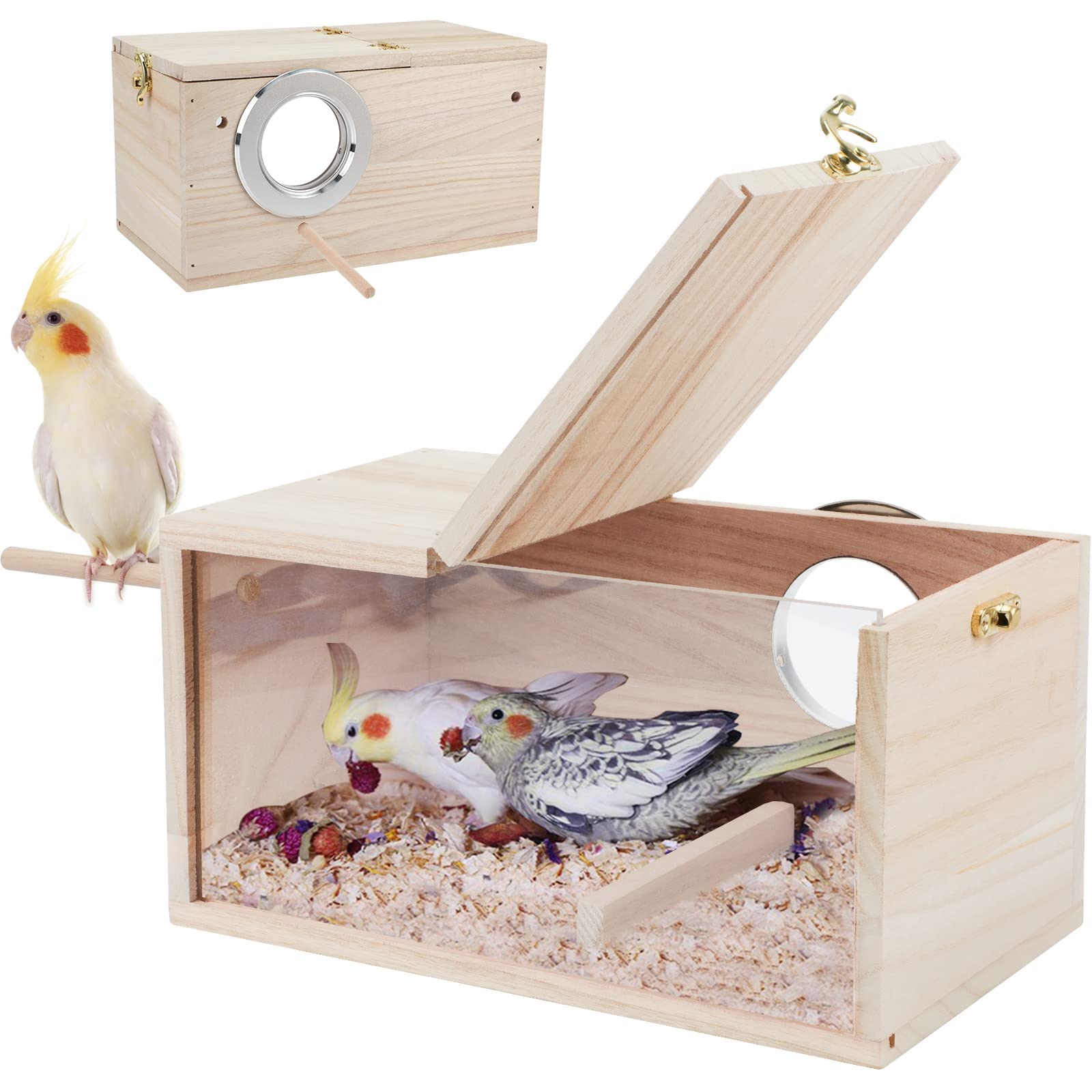 RANYPET Budgie Nesting Box Transparent Design, Bird Nest Breeding Box with Perch Wood Bird Cage House for Lovebirds Budgies Finch
