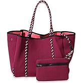 POPUPS Large Neoprene Tote Bag for Women - Everyday Designer Handbag for Travel Work and Beach with Pockets and Zipper Pouch (Berry)