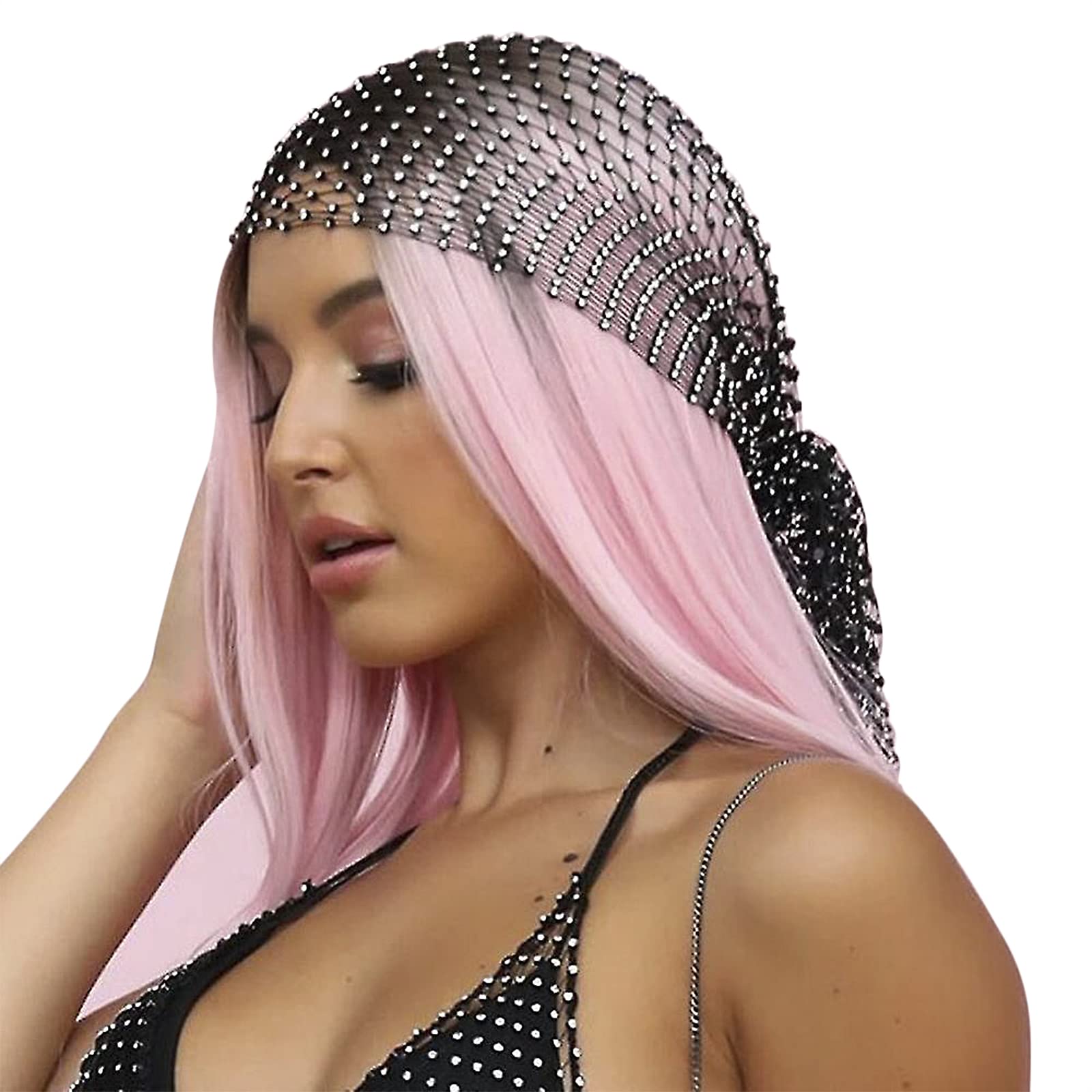 Sparkly Rhinestone Mesh Headband Glitter Crystal Headscarf for Women Girls Wide Elastic Nightclub Hair Wrap Fishnet Party Headband Rave Hair Accessories Costume Head Covering