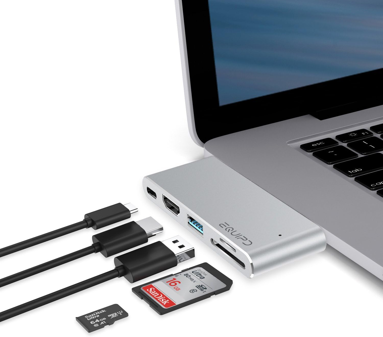 USB C Hub Compatible MacBook Pro 13" & 15", MacBook Air EQUIPD Aluminum Type C to 4K HDMI Combo Hub Adapter, Charging Port, Thunderbolt 3 Port, MicroSD/SDHC/SDXC Card Reader, USB 3.0 Ports - Silver