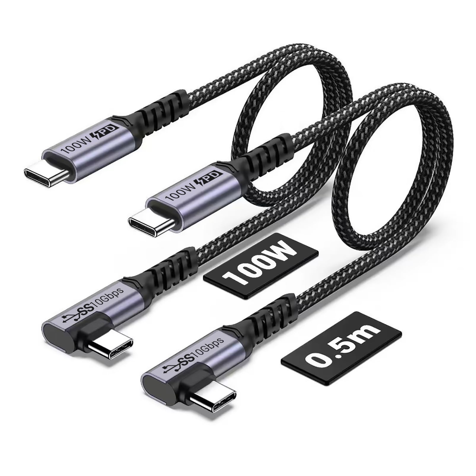 SUMPK 100W Short USB C Cable 3.1 Right Angle [50cm 2 packs], 5A Fast Charging, 10GBbps High Speed Data E-Marker Chip Cords, 4K@60Hz Video Display