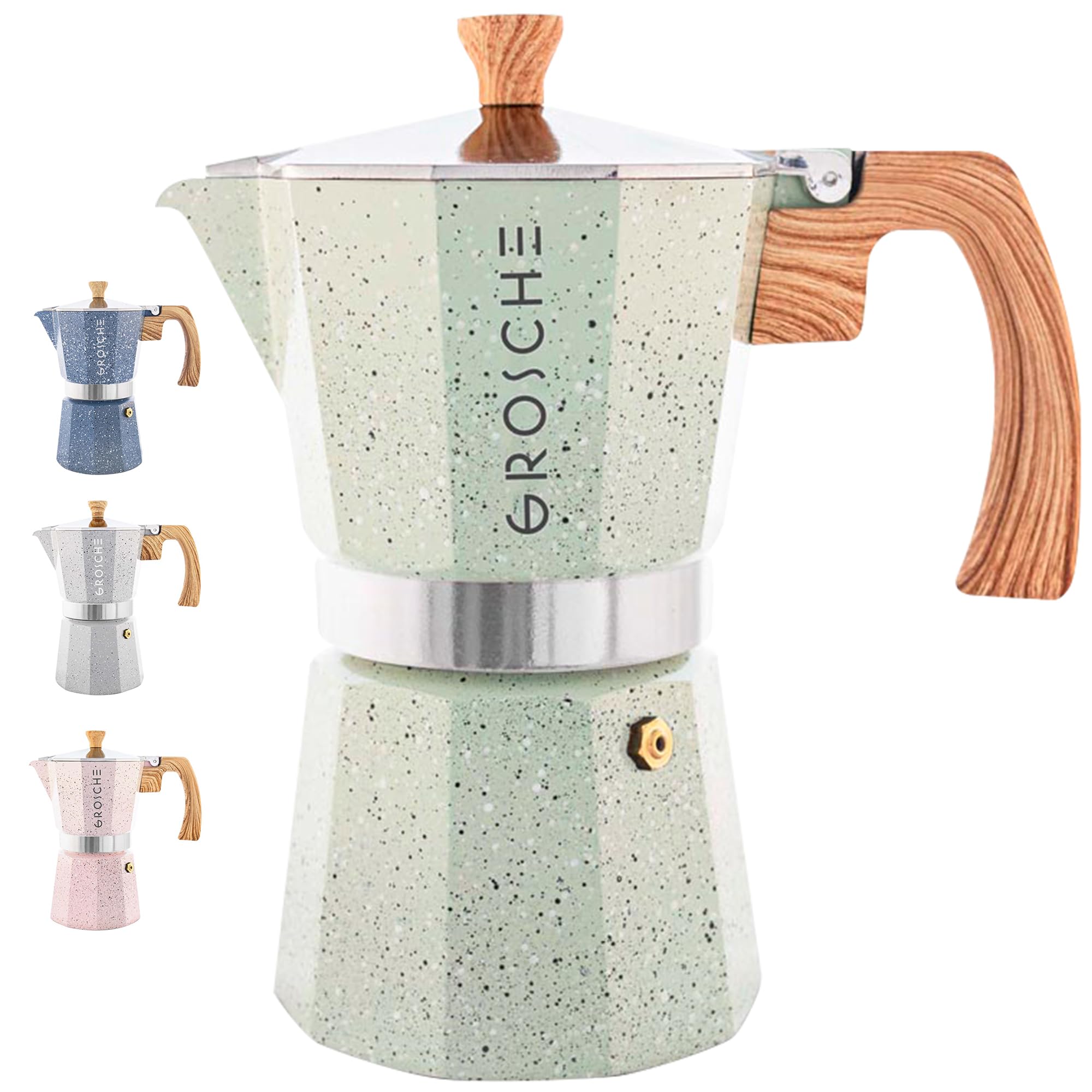 GROSCHE Milano Moka pot, Stovetop Espresso maker, Greca Coffee Maker, Stovetop coffee maker and espresso maker percolator (Mint, 6 cup)