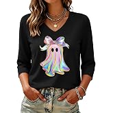 Women's Fall Halloween 3/4 Sleeve V Neck Shirts Halloween Ghost Tee Tops | Halloween Shirts for Women 2026 Halloween Thanksgiving Length Sleeve Hocus Focus Graphic Tee, Casual Holiday Tops