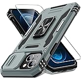 DEERLAMN Case for iPhone 15 Plus with Slide Camera Cover+Screen Protector(1 Pack), Rotated Ring Kickstand Military Grade Shockproof Protective Cover 6.7 Inch-Grey