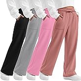 LessonZoo 4 Pack Girls' Straight Leg Sweatpants, Kids Drawstring Casual Joggers Teen Loose Open Bottom Pants with Pockets