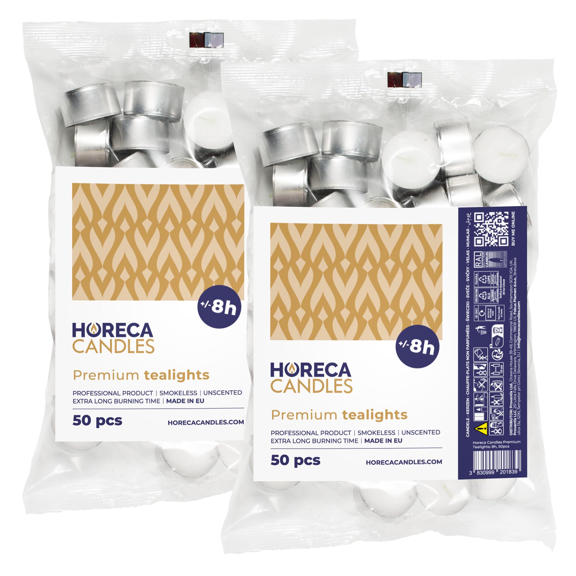 Horeca Candles - 100 Premium Tealights - Burning Time 8 Hours - Set of 100 Tea Lights - White Candles - Unscented