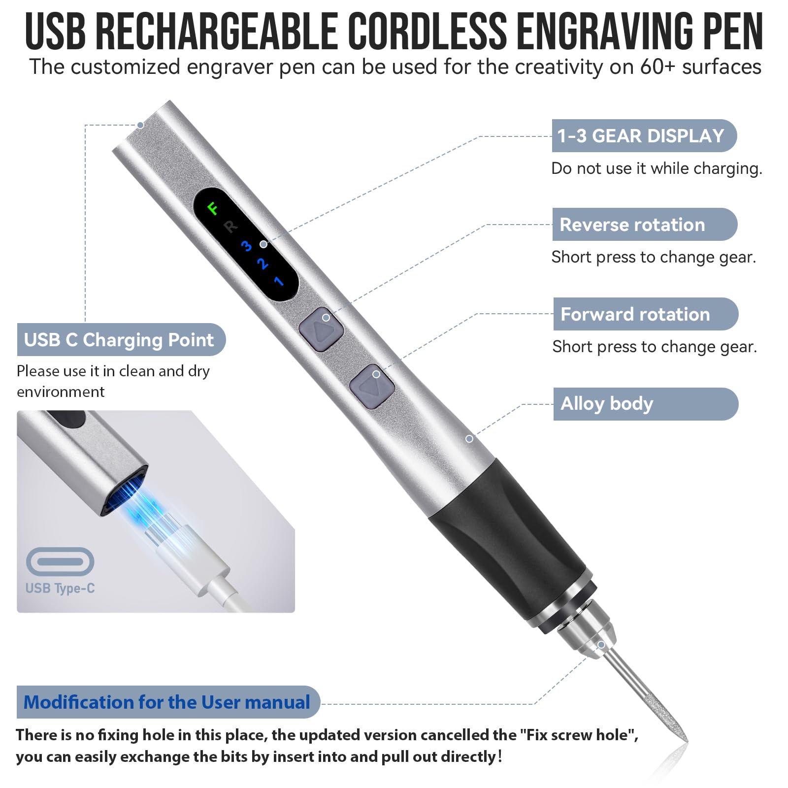 [Upgrade 2-Way Rotary] Electric Engraving Pen with 37 Bits, Cordless Engraver Pen USB Rechargeable, Portable DIY Rotary Engraver Machine for Jewelry Wood Glass Stone Carving (Silver)