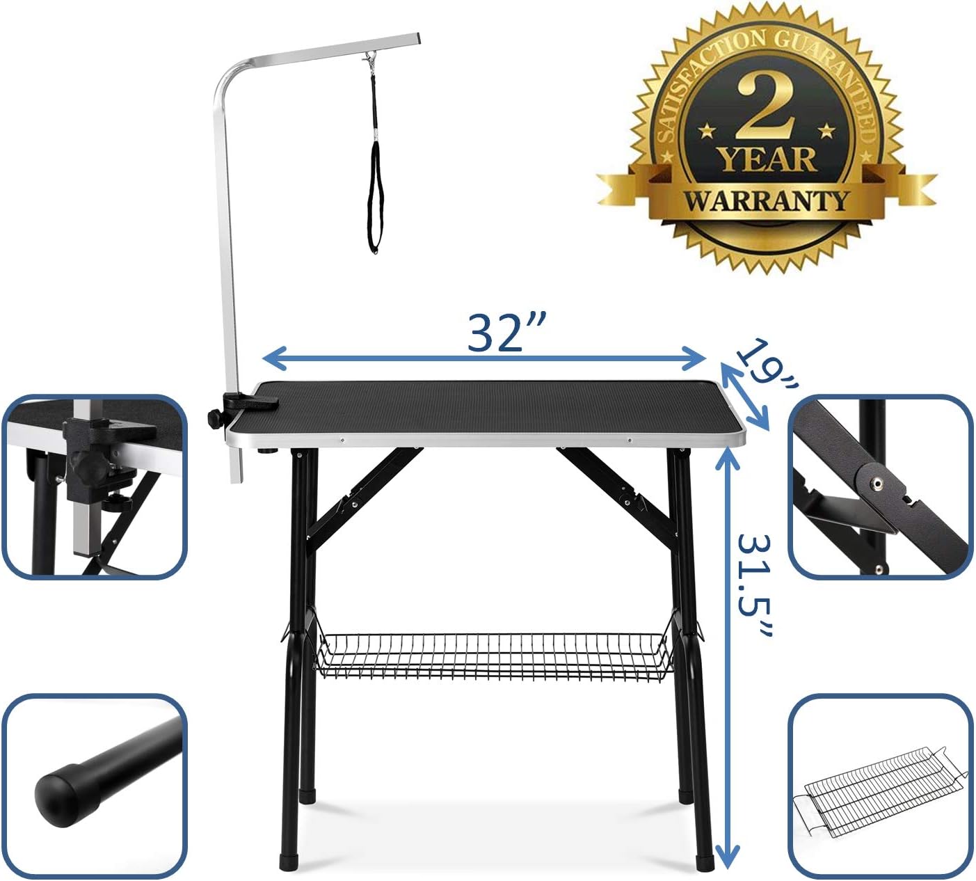 puppykitty 32" Professional Dog Grooming Table w/Adjustable Arm & Noose & Mesh Tray pet Grooming Table for Dogs Dog Grooming Tables Small Dogs