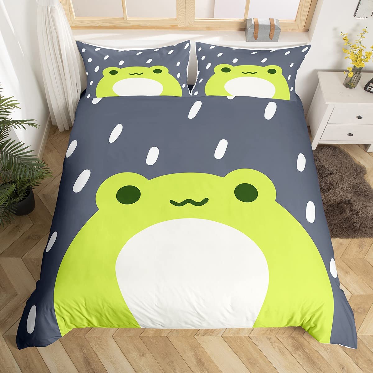 Loussiesd Cartoon Frog Duvet Cover 3D Animals Comforter Cover Rain Cute Animal Frog Green Gray Bedding Set For Kids Adults Bedspread Cover Ultra Soft Double Size Zipper