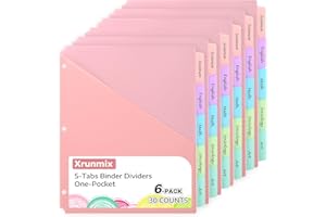 XRUNMIX 5 Tabs Dividers with One Pockets for 3 Ring Binder, 5 Counts Binder Dividers for US Letter Size, Binder Dividers with Tabs for School Office and Home Organization, 5 Pastel Color (6)