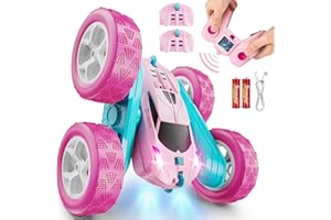 QUNREDA RC Cars, Pink Remote Control Car for Girls, 2.4 GHZ Double Sided RC Stunt Car 360° Rotating Remote Control Crawler with Headlights Car Toys for 6 7 8 9 10 11 12 Girls Birthday Gift Grandkids