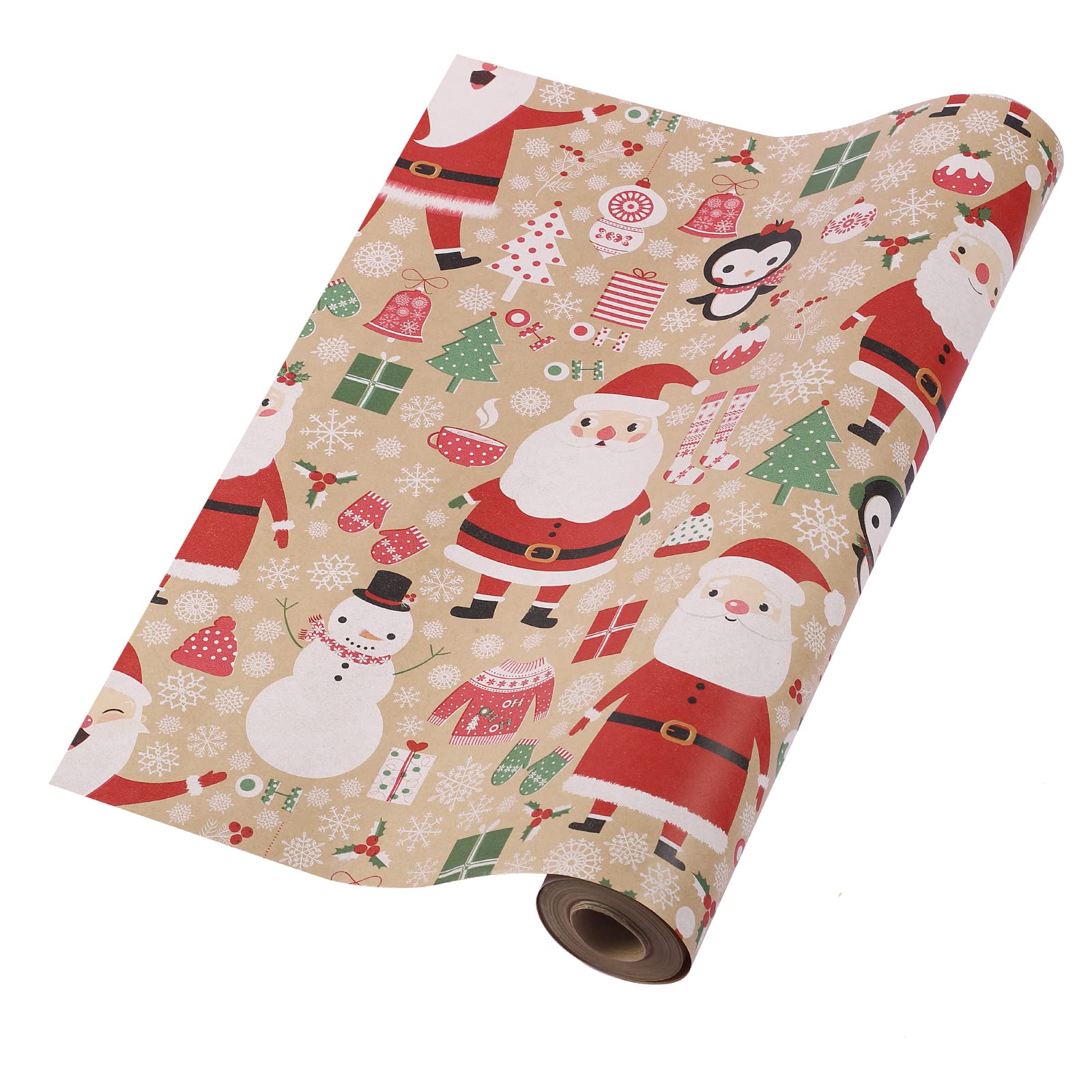 HBell Christmas Wrapping Paper Roll, 43cm x 15m, Kraft Paper with White Star, Dots, Christmas Trees, Moose, Snowflake, Santa Claus Pattern, Perfect for Wrapping, New Year, Festival, Party Decorations