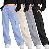 LessonZoo 4 Pack Girl's Wide Leg Sweatpants with Cargo Pockets Baggy Elastic High Waist Pants Kids Casual Athletic 5-14Y