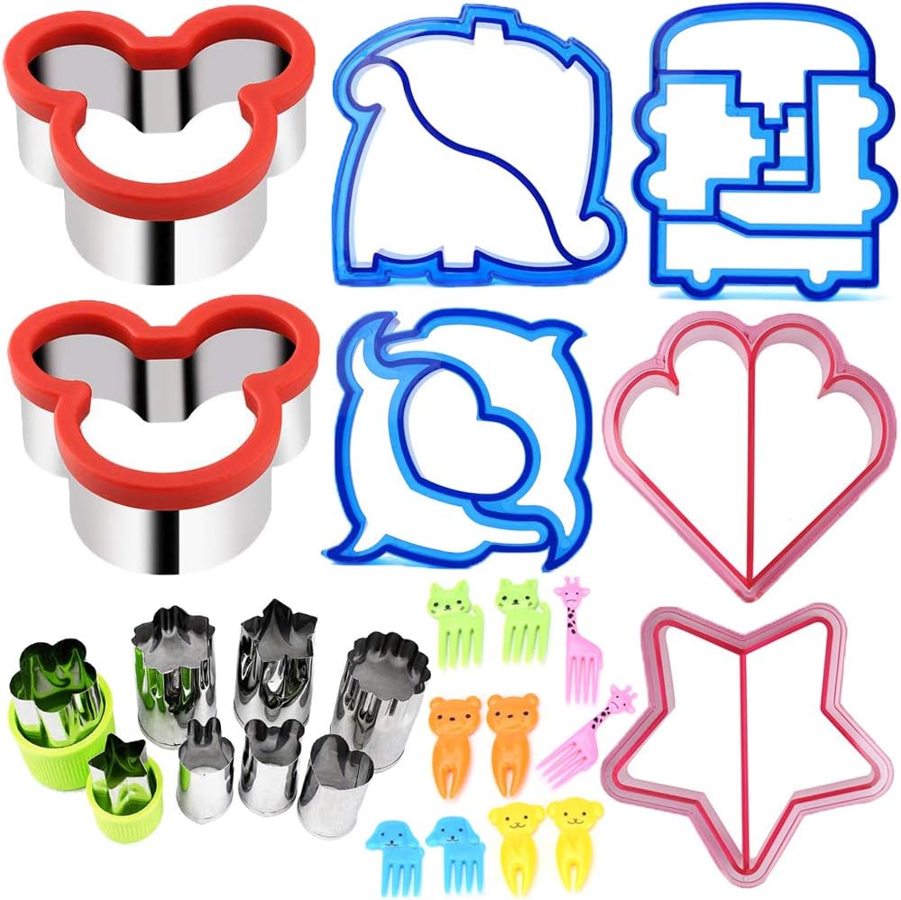 Sandwich Cutters for Kids Vegetable Fruit Cutter Set of 25-Bread Crust Cutters 7PCS Animal Shape(Mouse Dolphin Car Dinosaur Heart Star)+8pcs Stainless Moulds+10PCS Food Picks for Childrens by KAISHANE