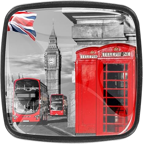 Amazon キッチンキャビネットノブ4個セット プルノブ引き出しとドレッサーハンドル ビッグベン2階建てバス赤い電話 Diy 工具 ガーデン