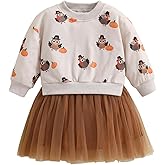 Toddler Baby Girl Thanksgiving Outfit Turkey Letter Printed Long Sleeve Dress Mesh Tulle Clothes