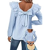 Falechay Womens Bow Tie Back Tops Square Neck Long Ruffle Sleeve Shirts Cute Babydoll Chiffon Texture Women Fall Trendy Tunic