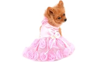 PAIDEFUL Pet Dress for Small Dog Girls Luxury Puppy Wedding Dress Rose Flower Lace Tutu Skirt Silky Bow Birthday Party Dog Clothes,Pink,Size XS