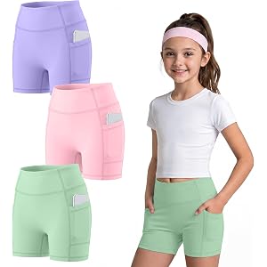 Vinsatin 3 Pack Girls Biker Volleyball Shorts | Side Pockets, Soft Spandex Stretch Fabric, Kids High Waisted Biker Shorts, At