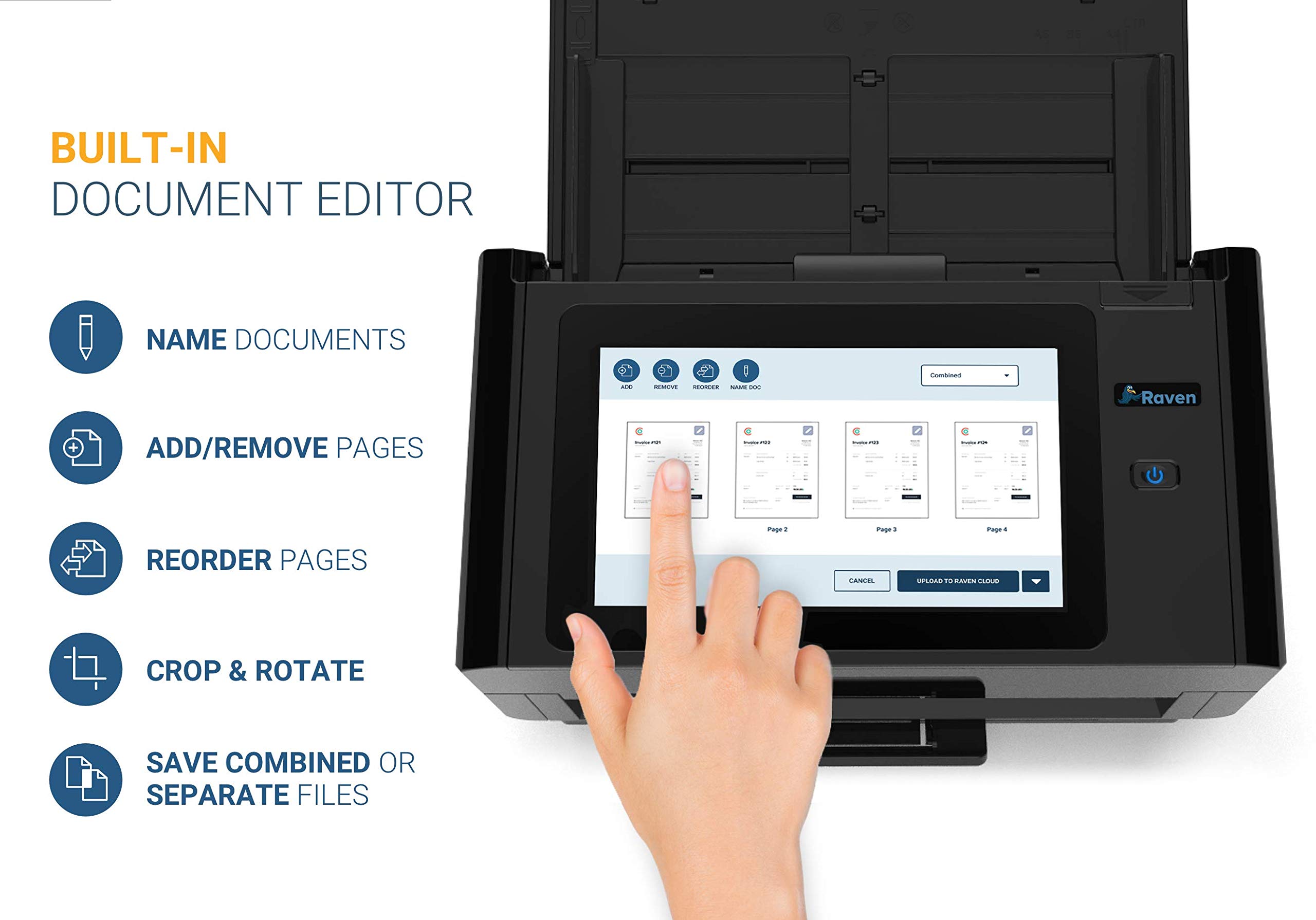Raven Pro Document Scanner - Huge Touchscreen, High Speed Color Duplex Feeder (ADF), Wireless Scan to Cloud, WiFi, Ethernet, USB, Home or Office Desktop