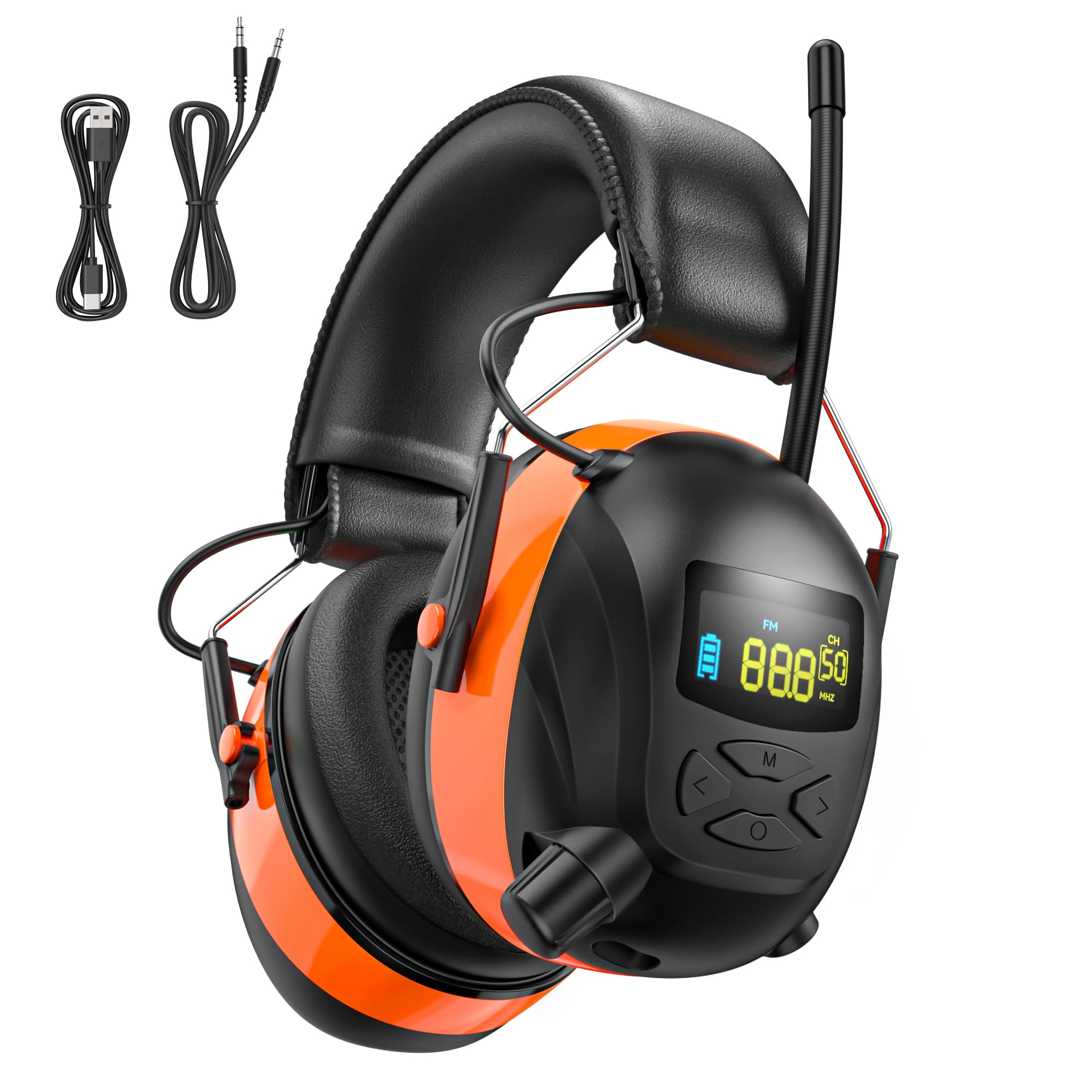 Photo 1 of 2025 AM/FM Radio Ear Protection Headphones with Backlit Digital Display, 120H Working Time, Rechargeable Hearing Protector, 30dB Noise Reduction Safety Earmuffs for Mowing, Construction, Work, Orange