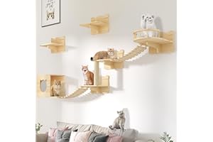 Homiflex Cat Wall Shelves, Cat Wall Furniture Pine Wooden Feline Shelf, 9 Piece Shelves and Perches with Bed, House, Steps, Bridge Ladder and Scratching Post