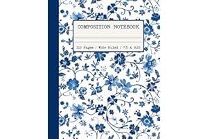 Composition Notebook Wide Ruled: Stylish Coquette Vintage Porcelain Blue Floral Aesthetic Journal for Women, Girls, School, C