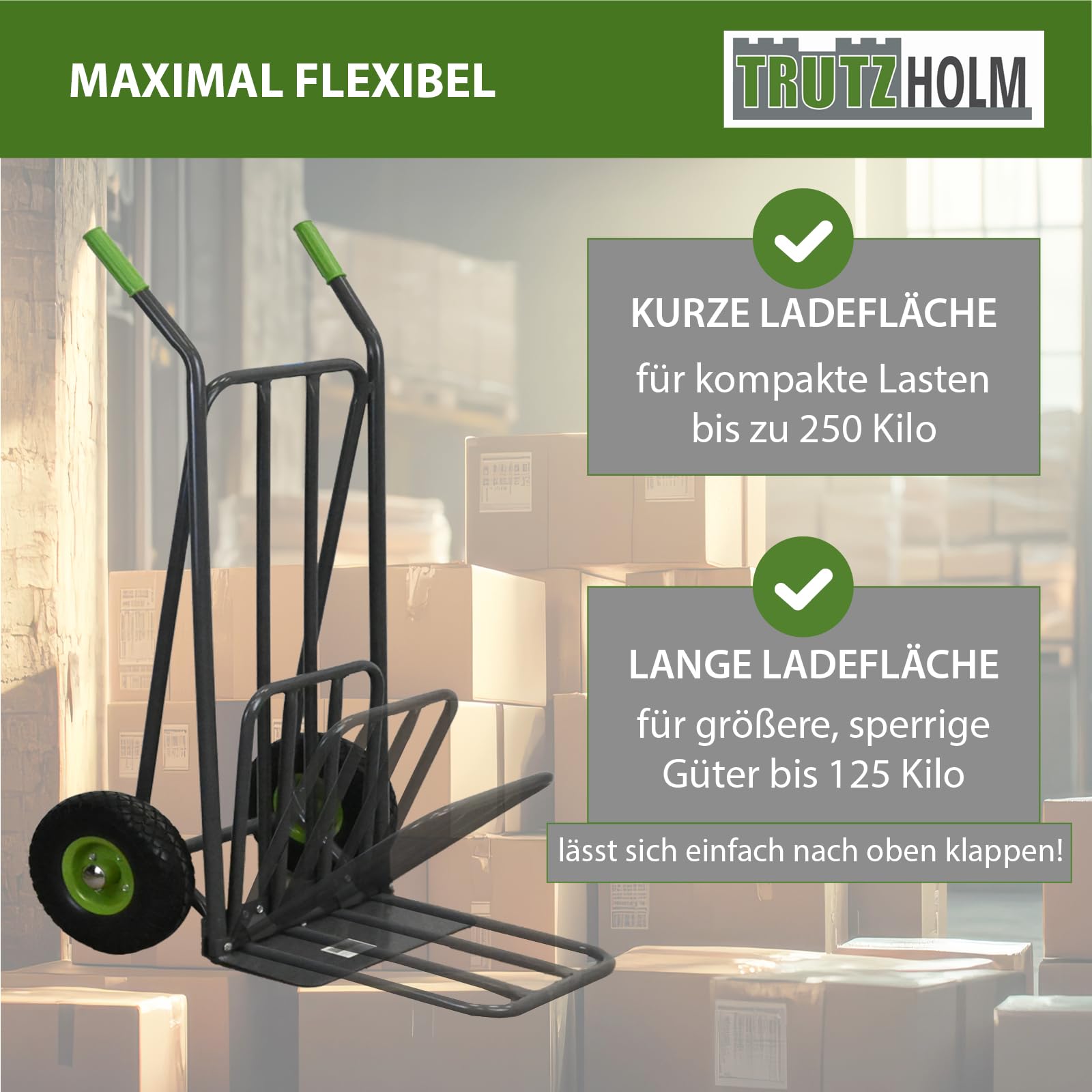 TRUTZHOLM Paketkarre mit extra Ladefläche 42 cm Traglast 250 kg Stahlrahmen klappbar Sackkarre Stapelkarre 7