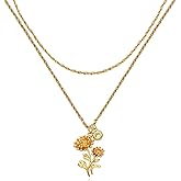 MTMY Birth Flower Necklaces for Women 18K Gold Plated Dainty Layered Birth Month Flower with Birthstone Pendant Necklaces Personalized Custom Floral Jewelry