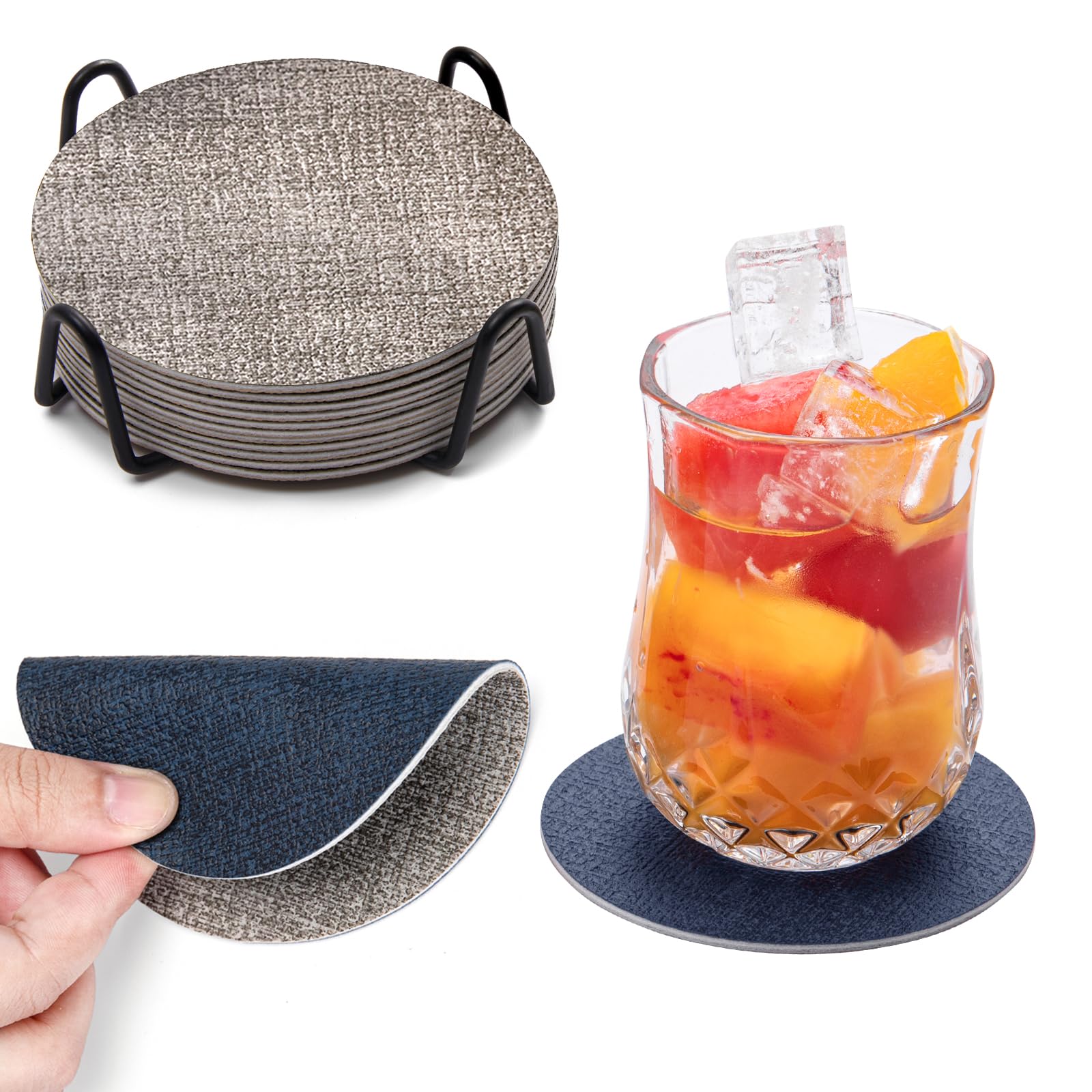 Chitomars Coasters, Dual Sided Faux Leather Coaster for Drinks Mug Coaster Non Slip Anti-Heat Washable Cup Pad Mats Home and Outdoor Coffee Beer Glass Bottle Bar (Grey Blue, Round)