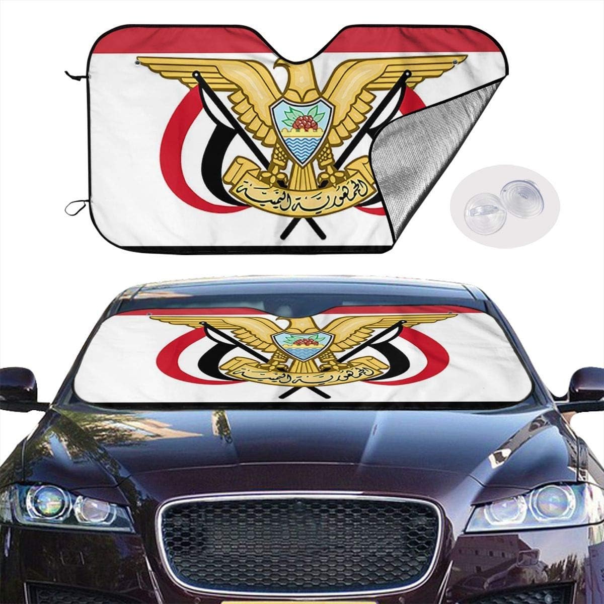 JKKSA Car Windshield Sunshade Yemen Flag National Emblem Portable Universal Sunshade Keeps Vehicle Cooler for Car,SUV,Trucks,Minivan Automotive and Most Vehicle Sunshade (51 X 27 in)
