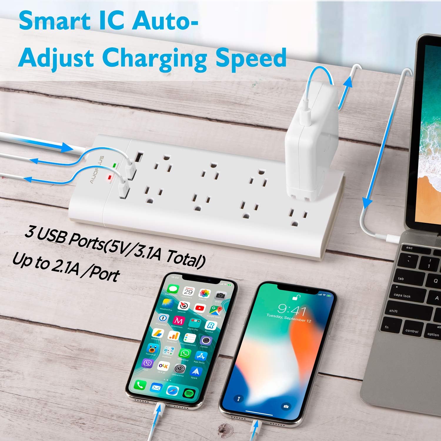 Power Strip with USB, AUOPLUS Grounded Surge Protector with 8 Outlets and 3 USB Ports[Flat Plug/Wall Mountable] 6FT Extension Cord, Desktop Charging Station for Computer Laptops Smartphone Home Office: Electronics