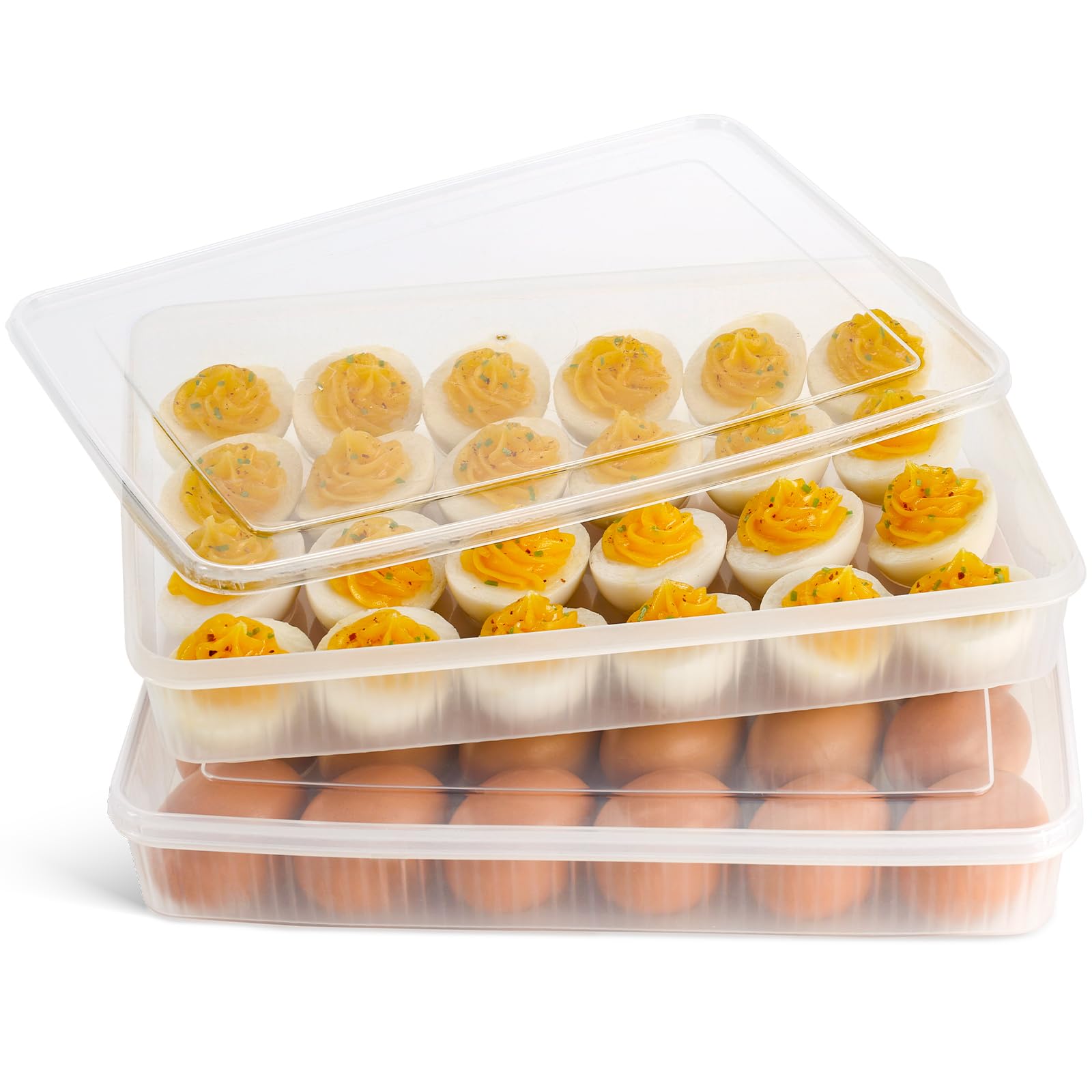 Photo 1 of LOVEINUSA Deviled Egg Containers with Lid, 2 Pack Deviled Egg Carrier Tray for 48 Eggs Clear Egg Holder Dispenser for Refrigerator Home Kitchen
