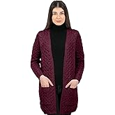 SAOL Aran Coat for Women - Irish Open Front Fisherman Cardigan with Pockets - Merino Wool Made in Ireland