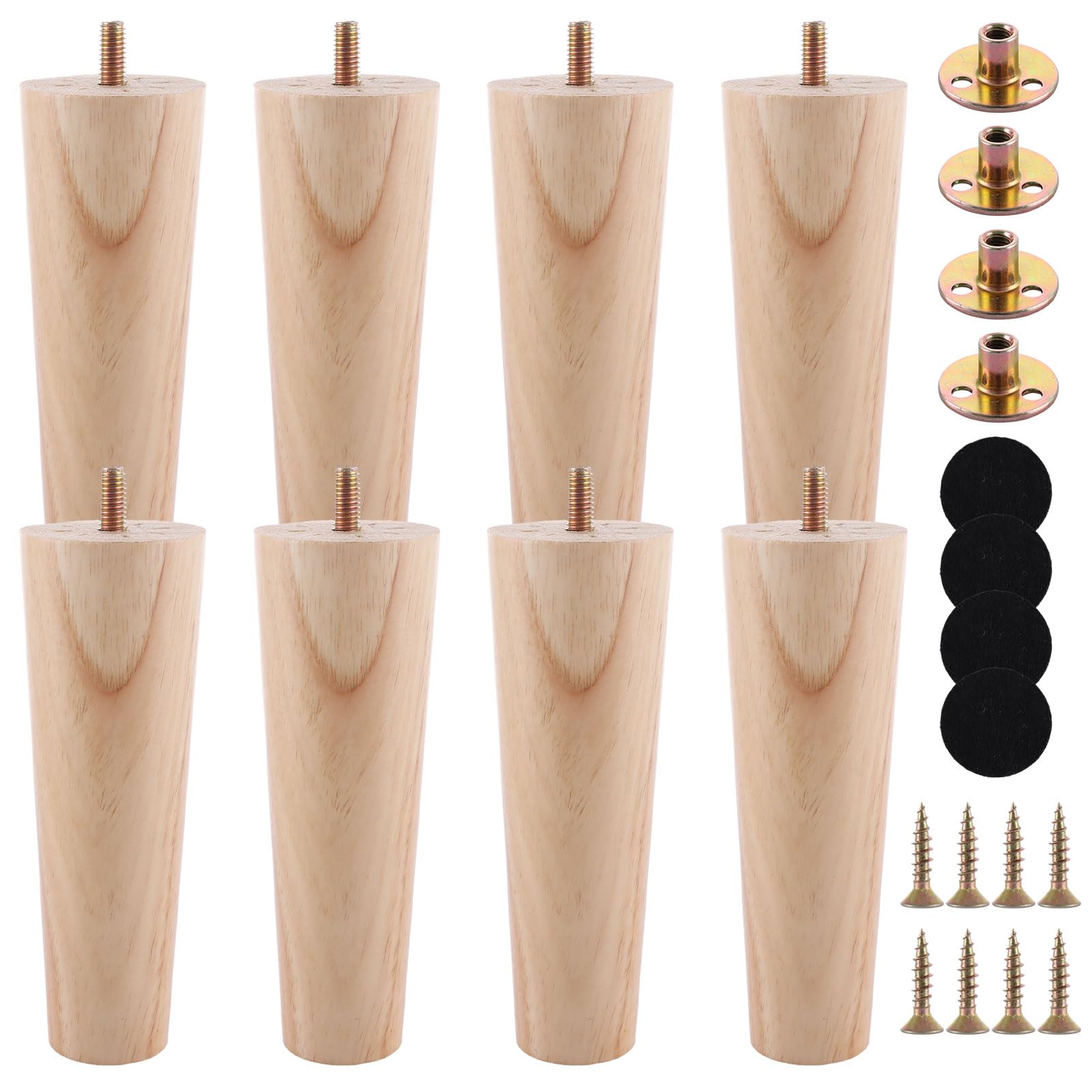 VIDETOL 15cm Wooden Furniture Legs Set of 8, Nature Solid Wooden Sofa Legs, Sofa Replacement Feet with Mounting Plate & Screws for Cabinet, Bed, Chair, Sofas, Dresser Table and TV Stand