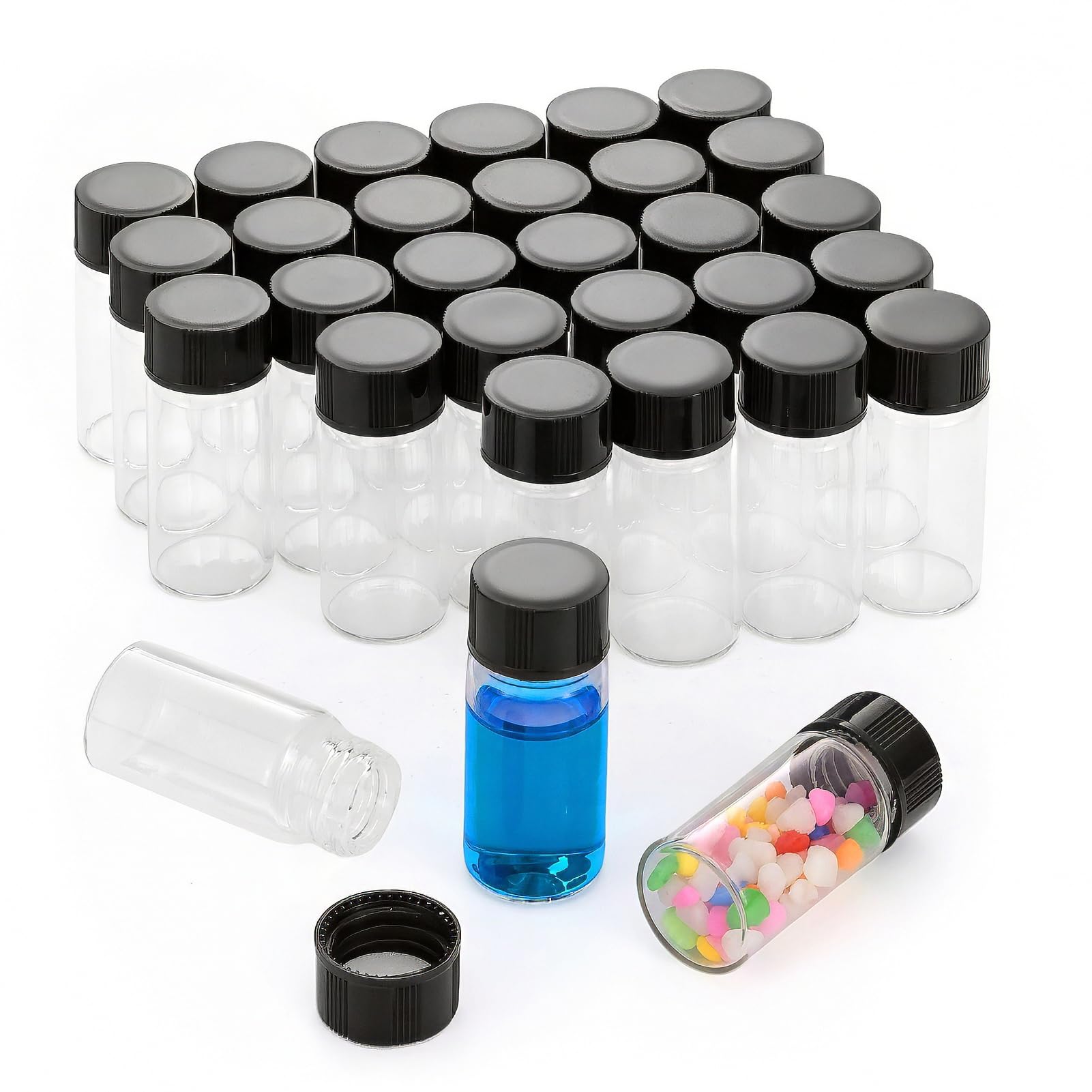 30pcs 5ml Clear Glass Bottles with Black Plastic Screw Cap Empty Vials Sample Jars
