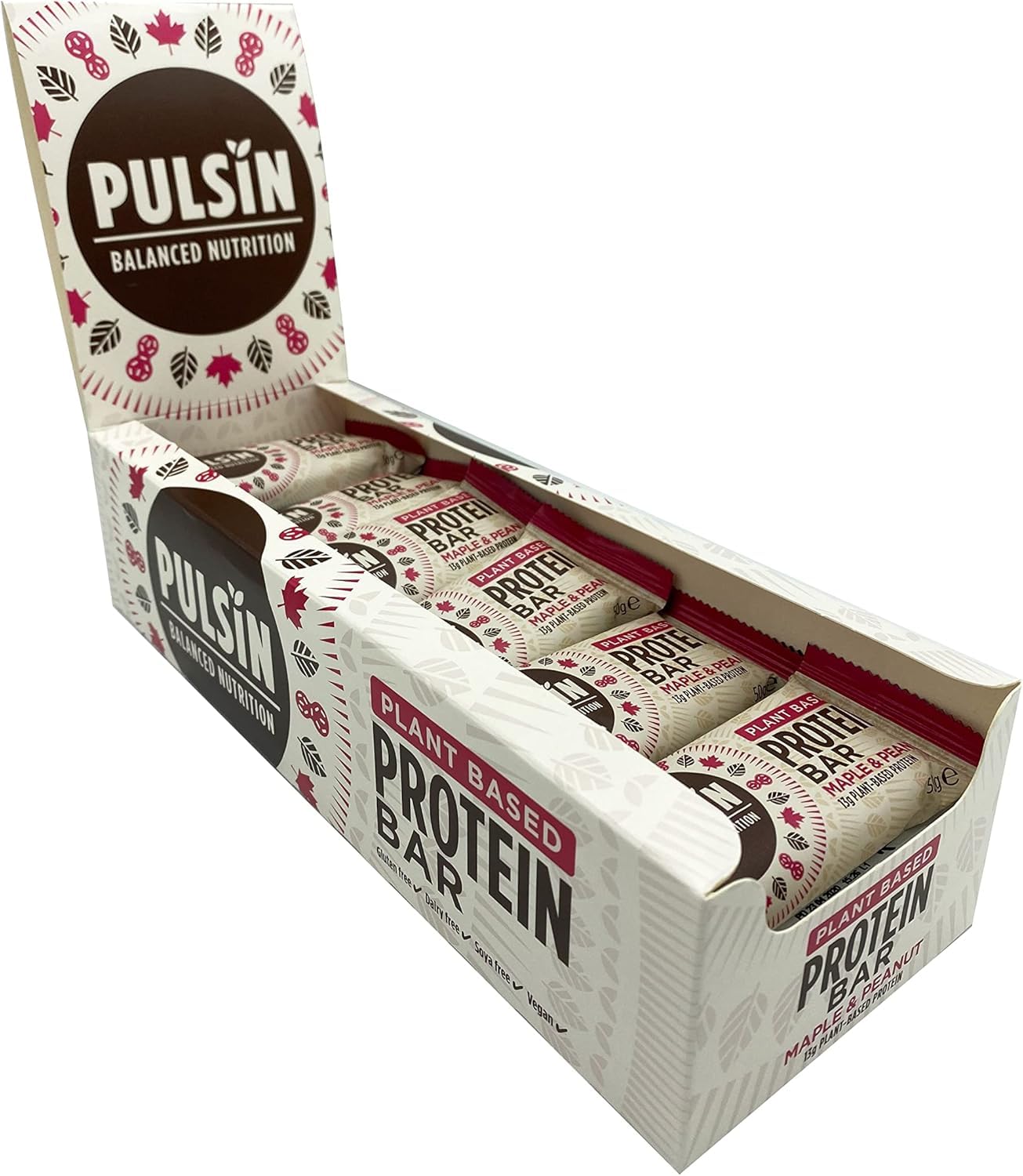 Pulsin - Maple & Peanut Vegan Protein Bars - 18 x 50g - 14.1g Protein, 4.7g Fibre, 240 Kcal Per Serving - Gluten Free, Plant Based, Palm Oil Free & Dairy Free Snack Bar