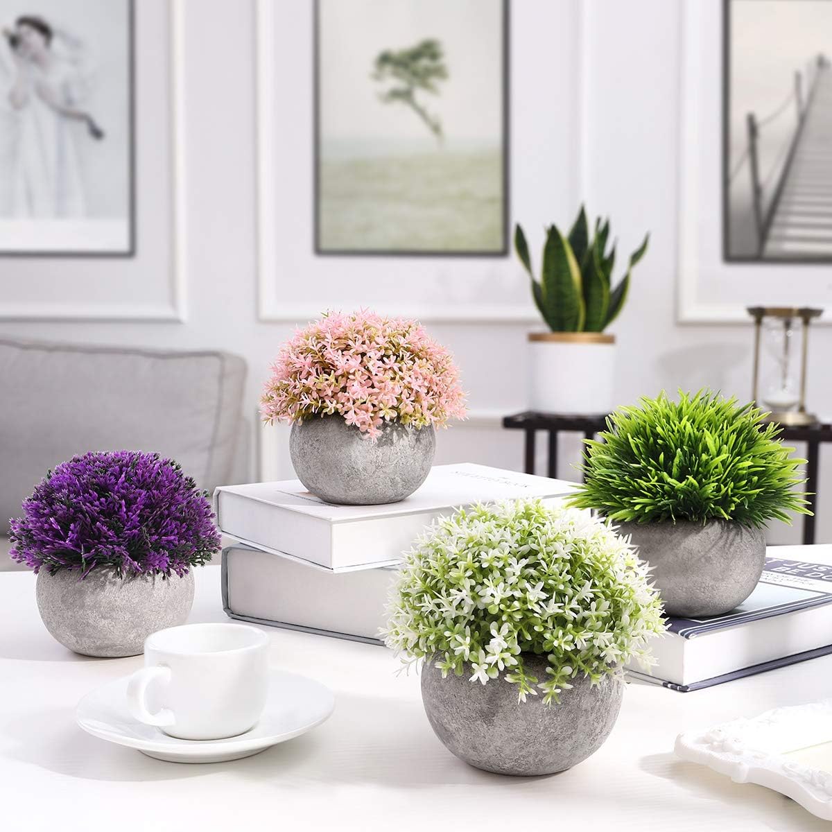 Homemaxs Fake Plants Mini Artificial Plants Potted 4 Pack Topiary Shrubs Plastic Plants for Home Decor -