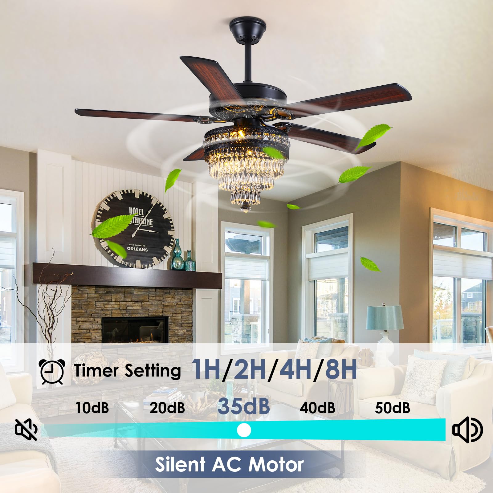 Crystal Ceiling Fan Fandelier with Lights - Modern Outdoor Fans with Remote Control，Noiseless AC Motor, Retro/Farmhouse Lighting, Dining Room， Living Room (52